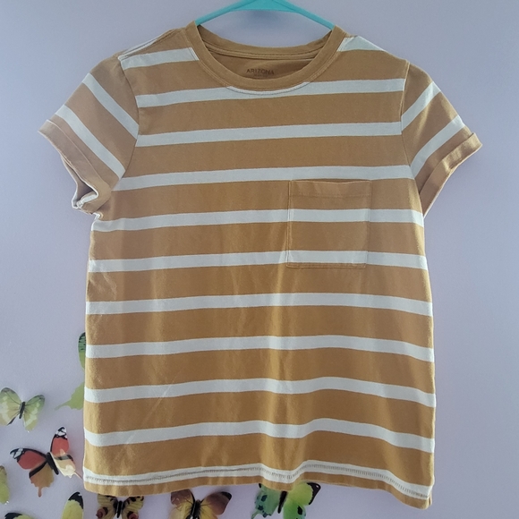 Arizona Jean Co Pullover Semi-Fit Pocket T-shirt Yelllow White Stripe Size Small - Picture 1 of 4